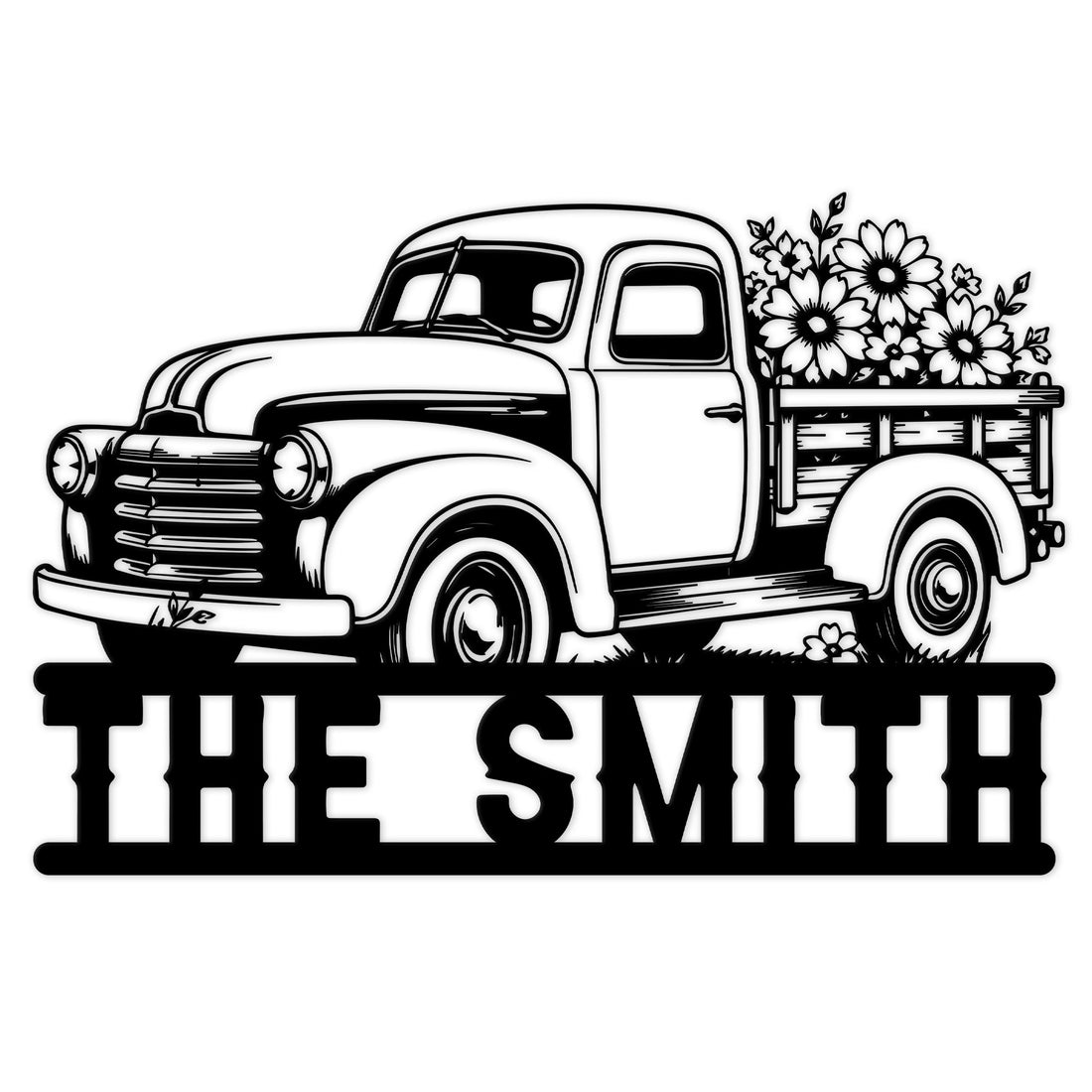 Vintage farm truck metal sign featuring a classic pickup loaded with flowers and bold custom lettering