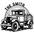 Farm truck metal sign featuring a vintage pickup loaded with produce beneath a rustic farm scene