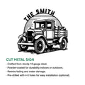 Vintage farm truck cut metal sign shown with product features for indoor or outdoor display