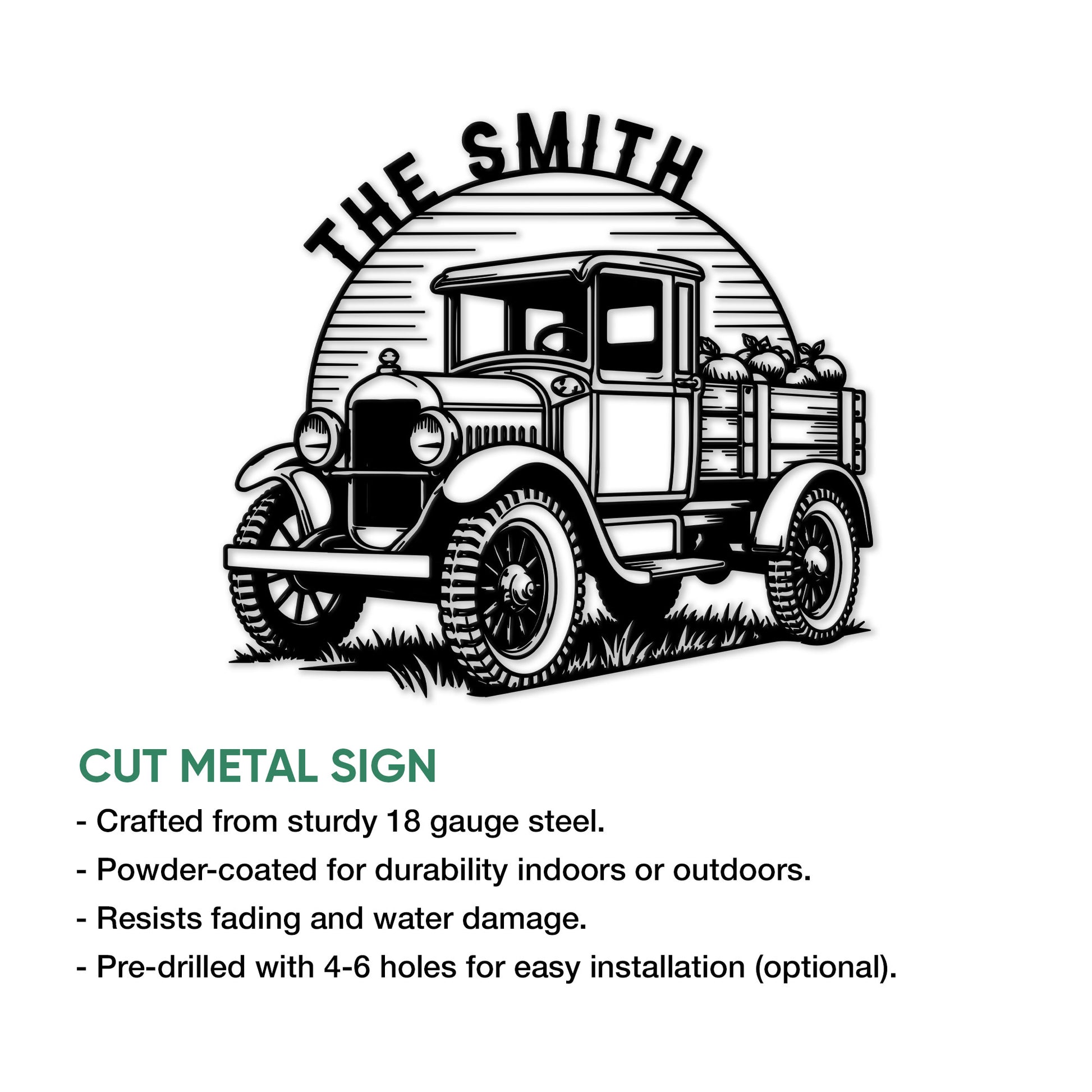 Vintage farm truck cut metal sign shown with product features for indoor or outdoor display