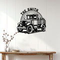 Farm truck metal wall sign displayed on a white plank wall above a rustic console table