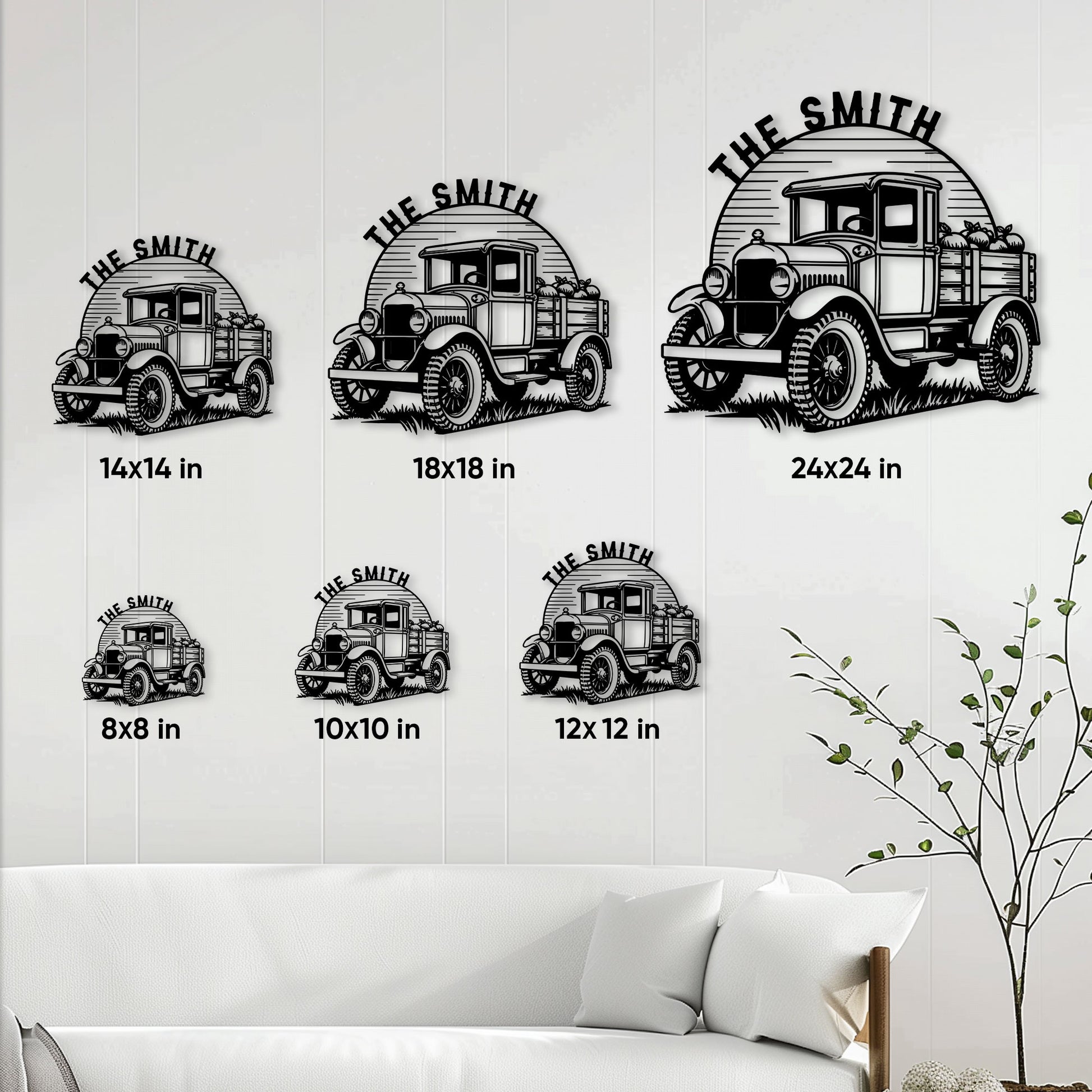 Farm truck metal sign size guide showing available dimensions from 8 by 8 to 24 by 24 inches