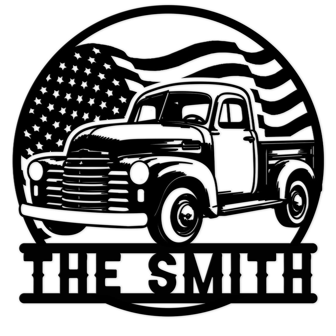 Custom farm truck metal sign featuring a vintage pickup beneath a waving American flag design