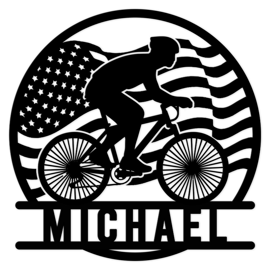 Cyclist metal sign featuring a bold bike rider silhouette over a patriotic American flag design