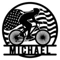Cyclist metal sign featuring a bold bike rider silhouette over a patriotic American flag design