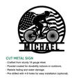 Cyclist metal sign feature graphic showing the patriotic bike rider design and product presentation