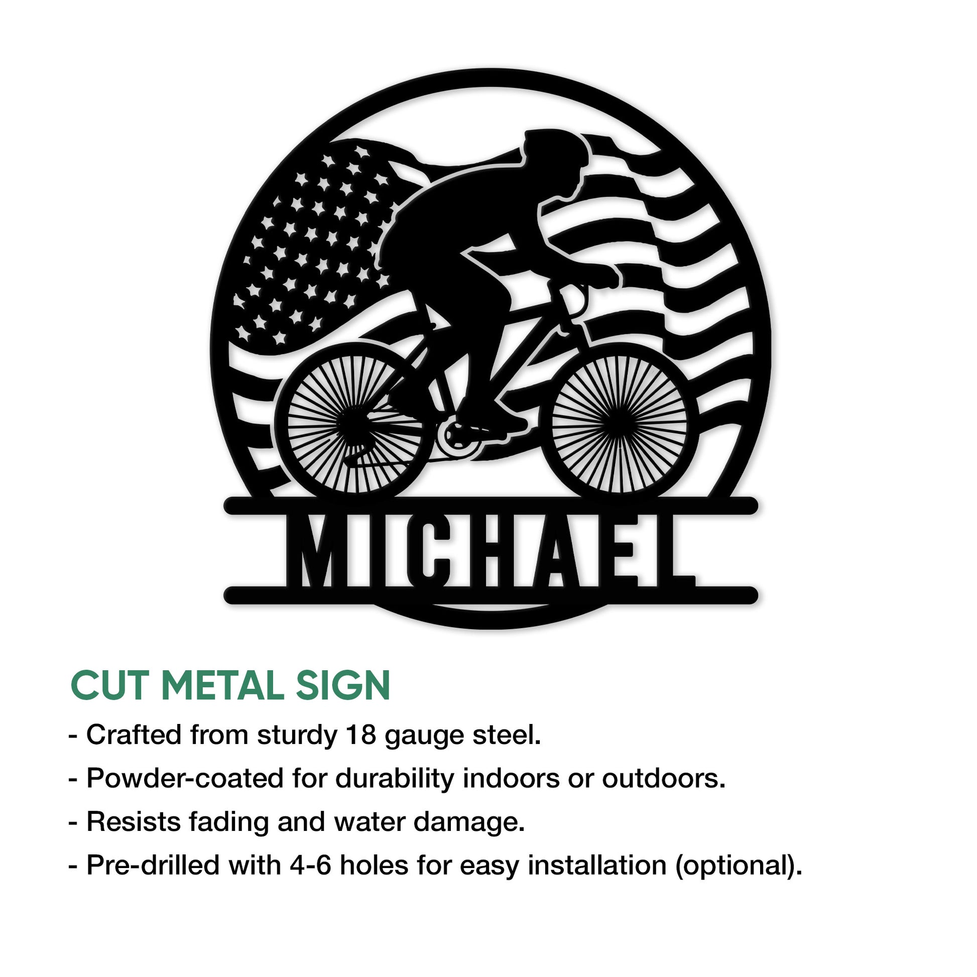 Cyclist metal sign feature graphic showing the patriotic bike rider design and product presentation