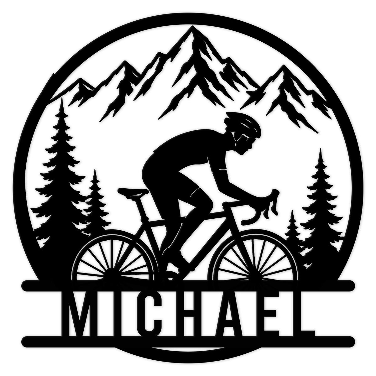 Cyclist metal sign featuring a rider on a road bike beneath mountain peaks and pine trees
