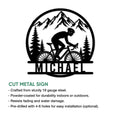 Cycling metal sign product graphic showing a mountain cyclist design and cut metal sign features
