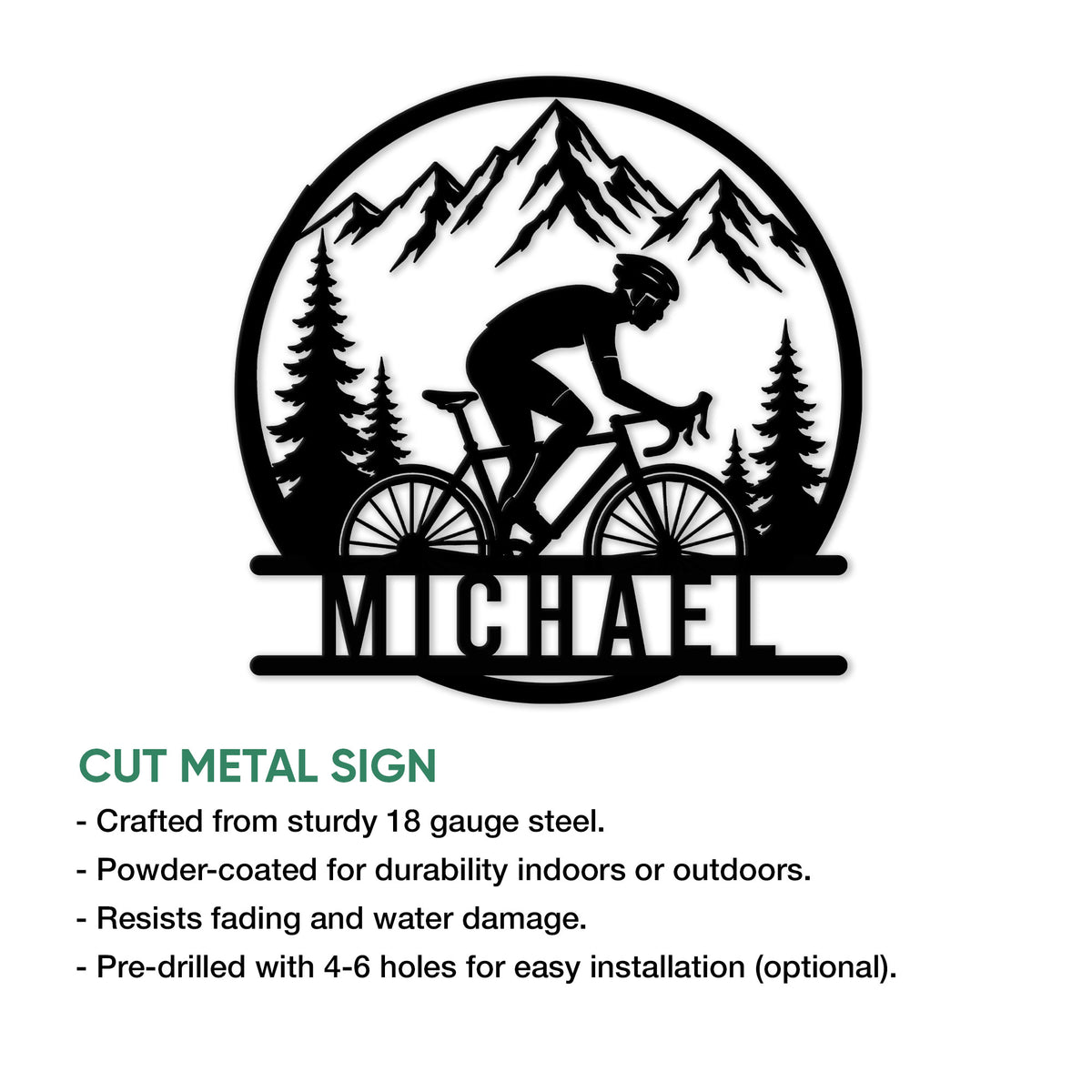 Cycling metal sign product graphic showing a mountain cyclist design and cut metal sign features