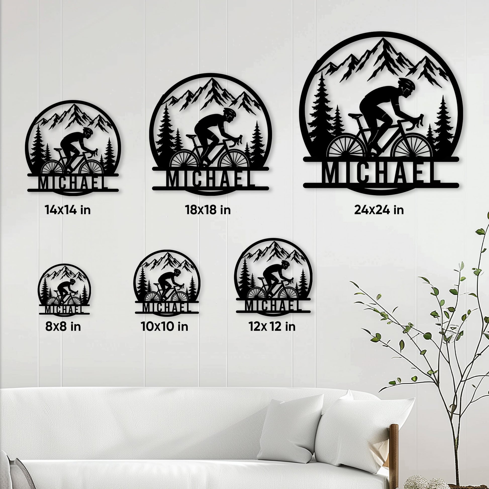 Cyclist metal sign size guide showing available sizes from 8x8 to 24x24 inches