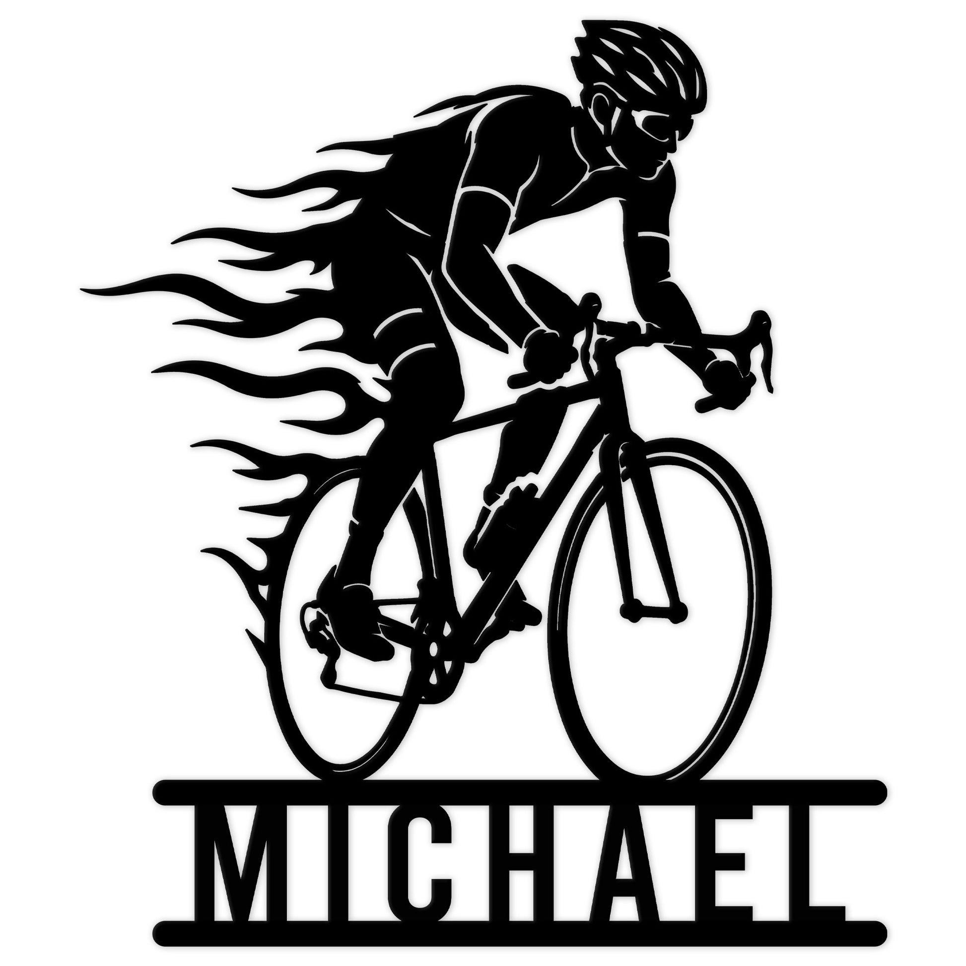 Black silhouette of a racing cyclist riding a road bike with a flowing motion trail on a metal sign