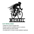 Cyclist cut metal sign featuring a dynamic road bike rider silhouette and product feature information