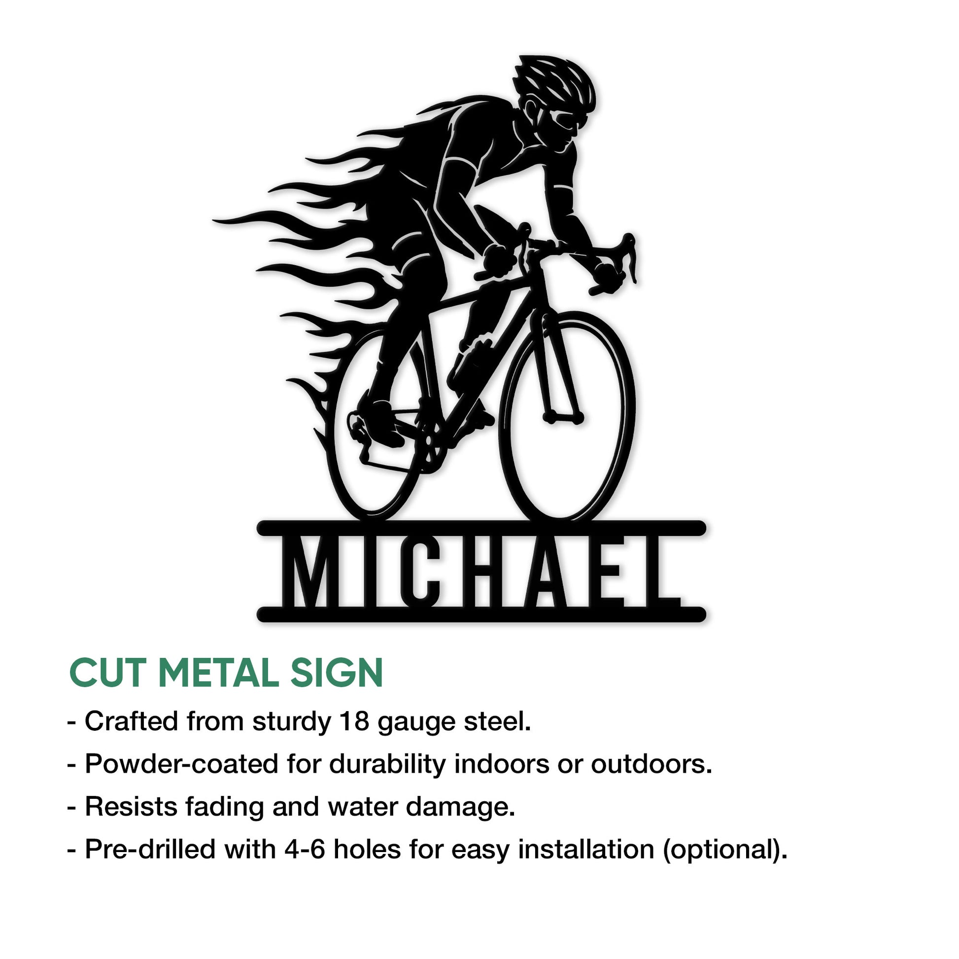 Cyclist cut metal sign featuring a dynamic road bike rider silhouette and product feature information