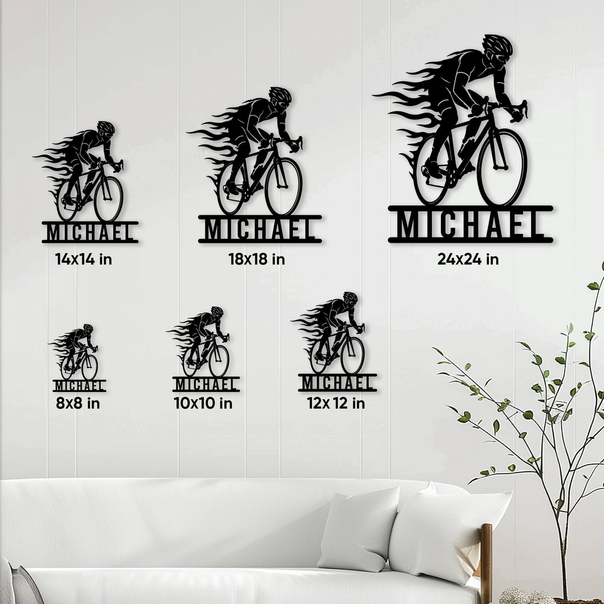Cyclist metal sign size guide showing multiple size options in a living room setting
