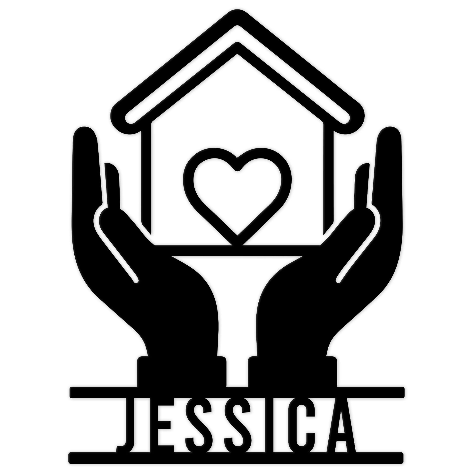 Caregiver metal sign featuring supportive hands holding a heart-filled home in a bold black silhouette