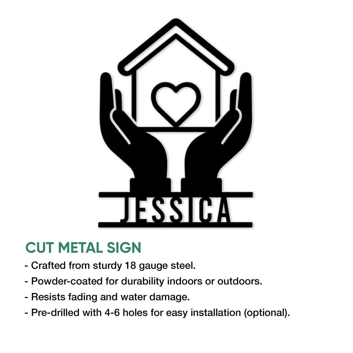 Caregiver wall sign with a heart and house symbol held by caring hands
