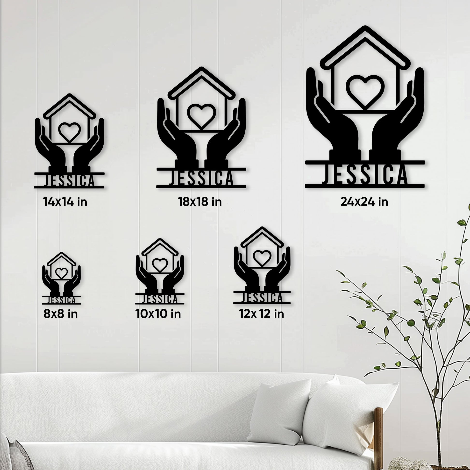 Caregiver metal sign size guide showing square size options from 8 by 8 to 24 by 24 inches