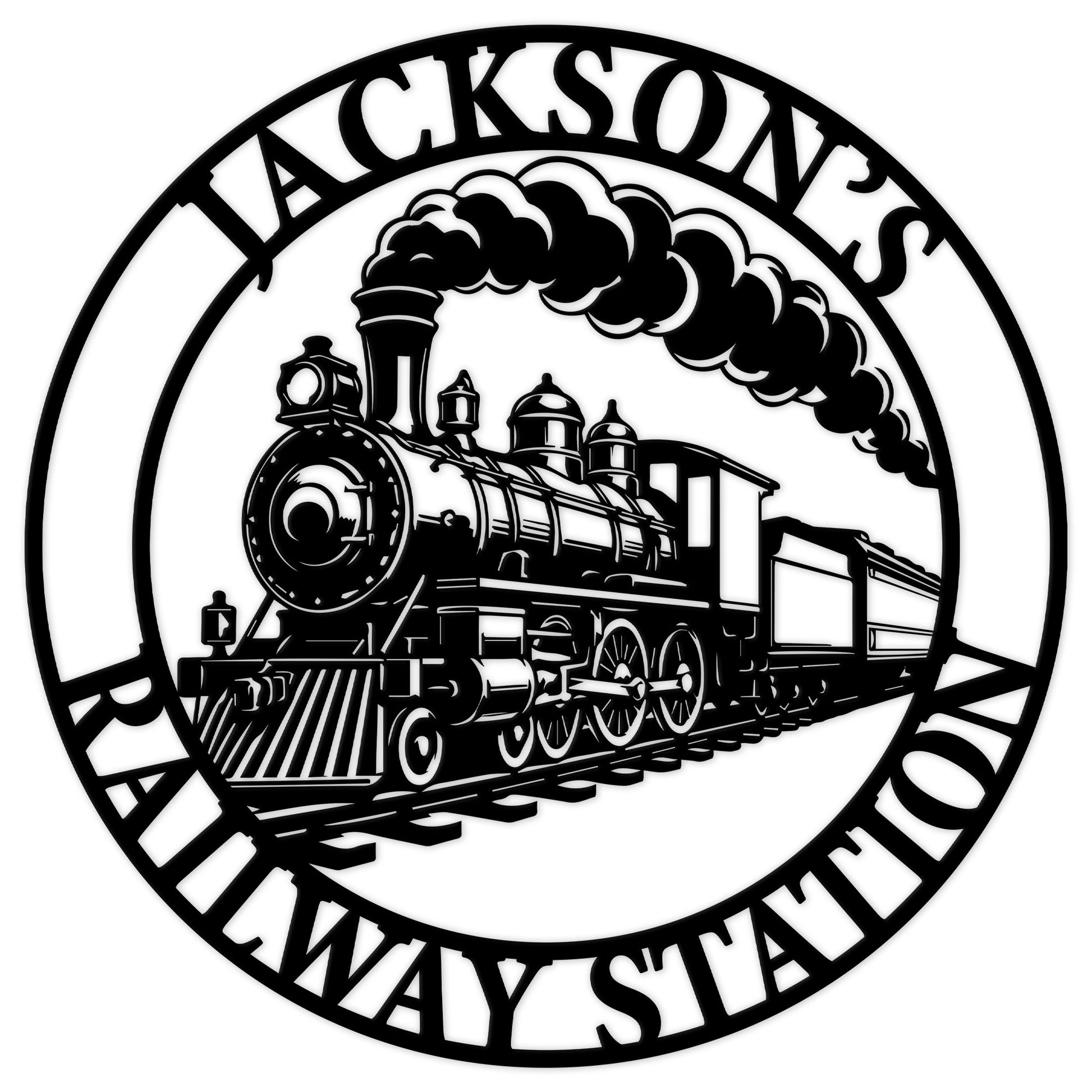 Custom railroader metal sign featuring a detailed vintage steam locomotive with passenger cars and smoke