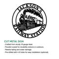 Railroad metal sign feature graphic showing a steam train design and cut steel sign details