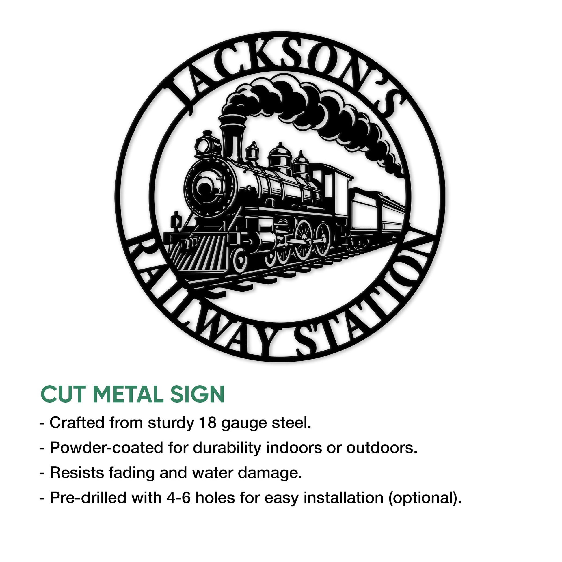 Railroad metal sign feature graphic showing a steam train design and cut steel sign details