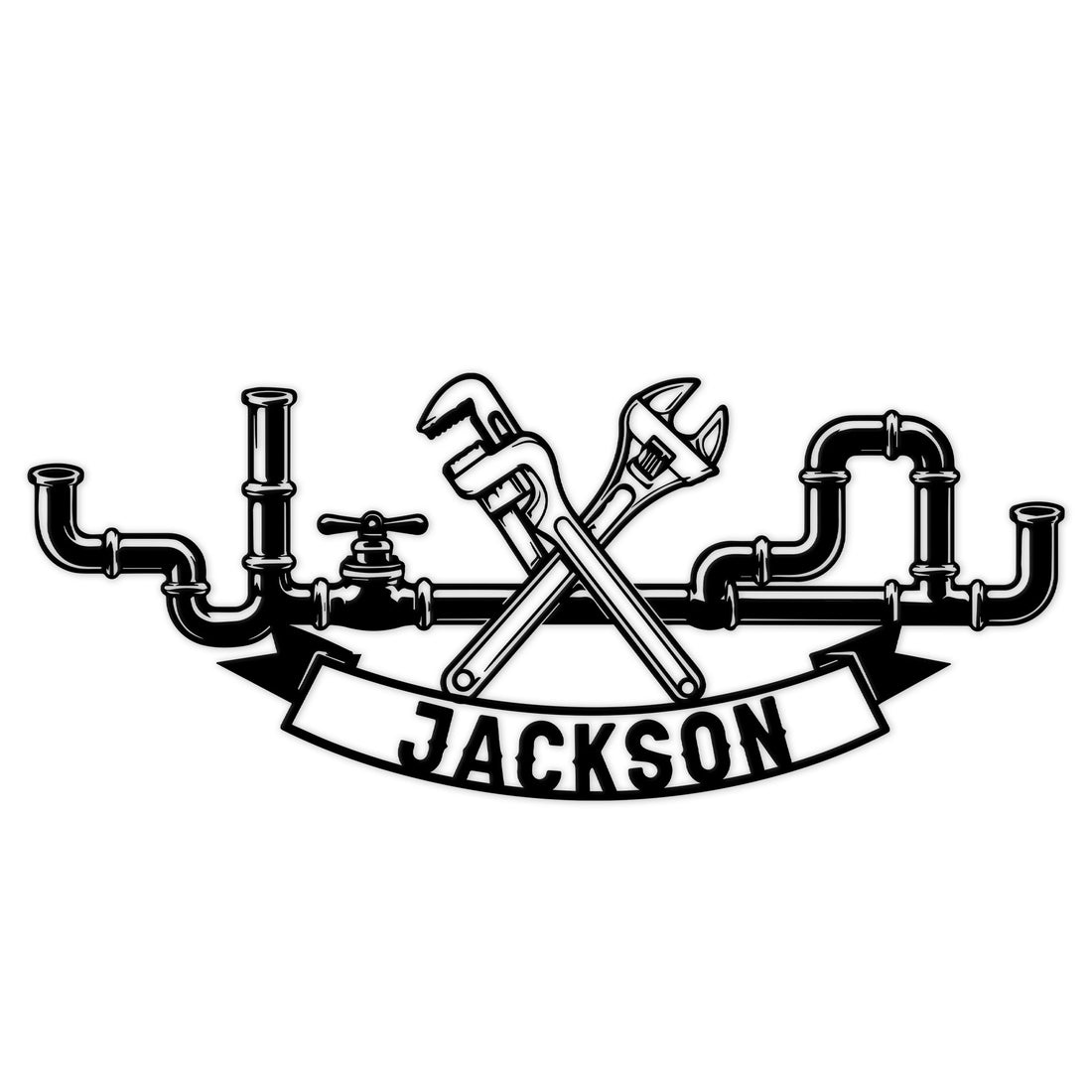Custom plumber metal sign featuring crossed plumbing tools, pipework, and a bold curved banner design