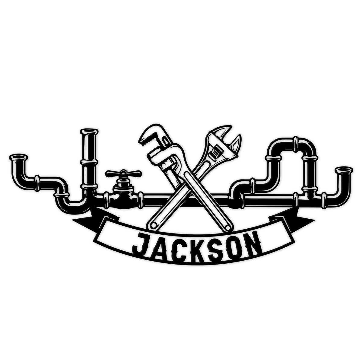 Custom plumber metal sign featuring crossed plumbing tools, pipework, and a bold curved banner design