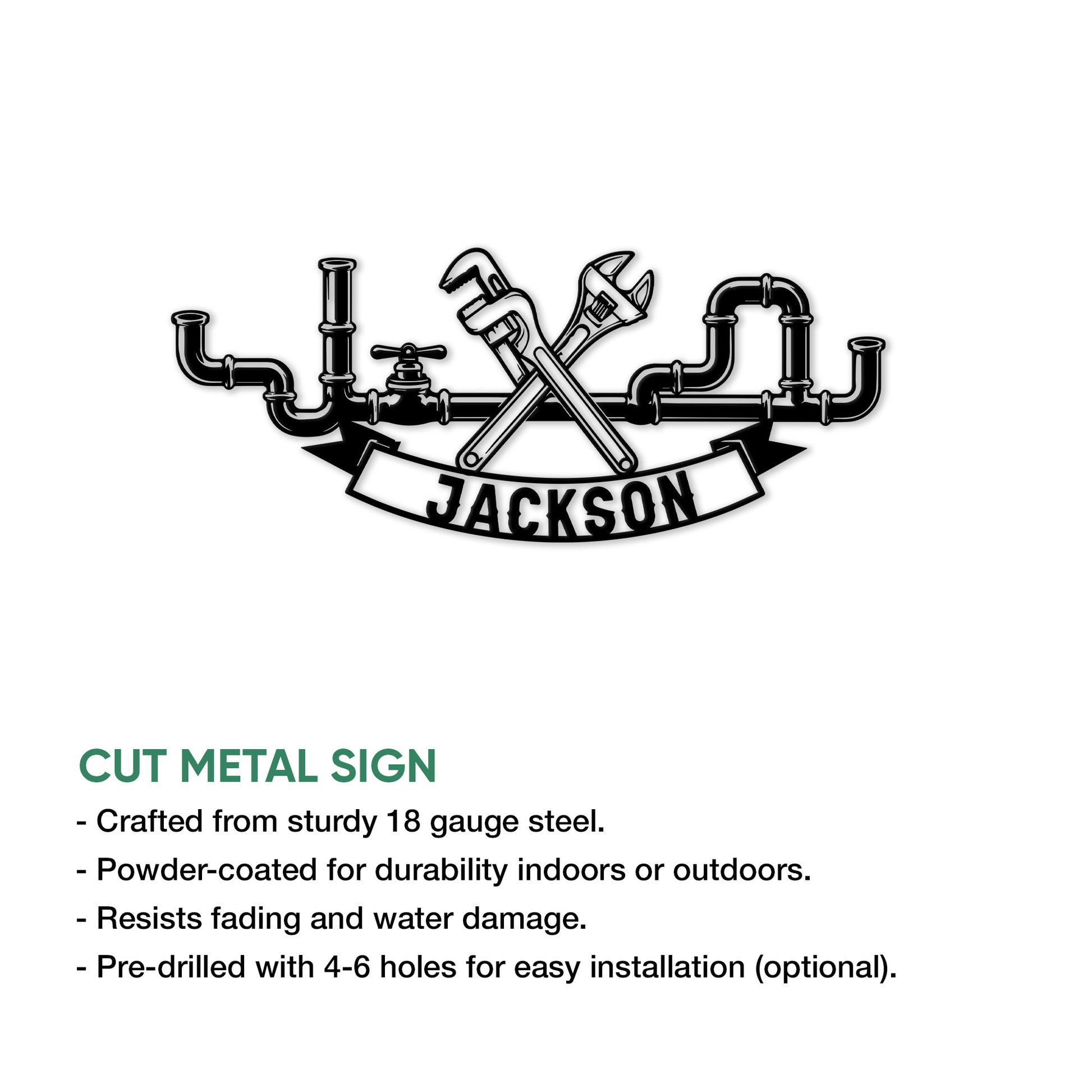 Plumbing wall sign shown as a cut metal design with crossed wrenches and detailed pipe fittings
