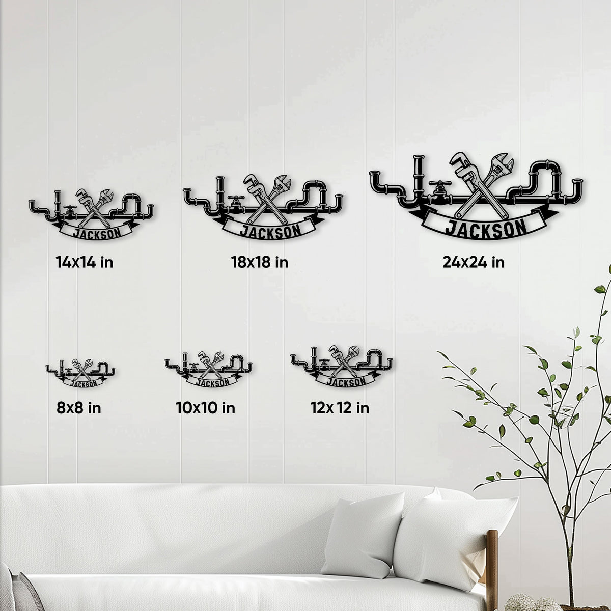 Plumber metal sign size guide showing available square sizes from 8x8 inches to 24x24 inches