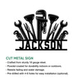 Plumber metal sign feature graphic showing a detailed arrangement of plumbing tools and a bold lower name design