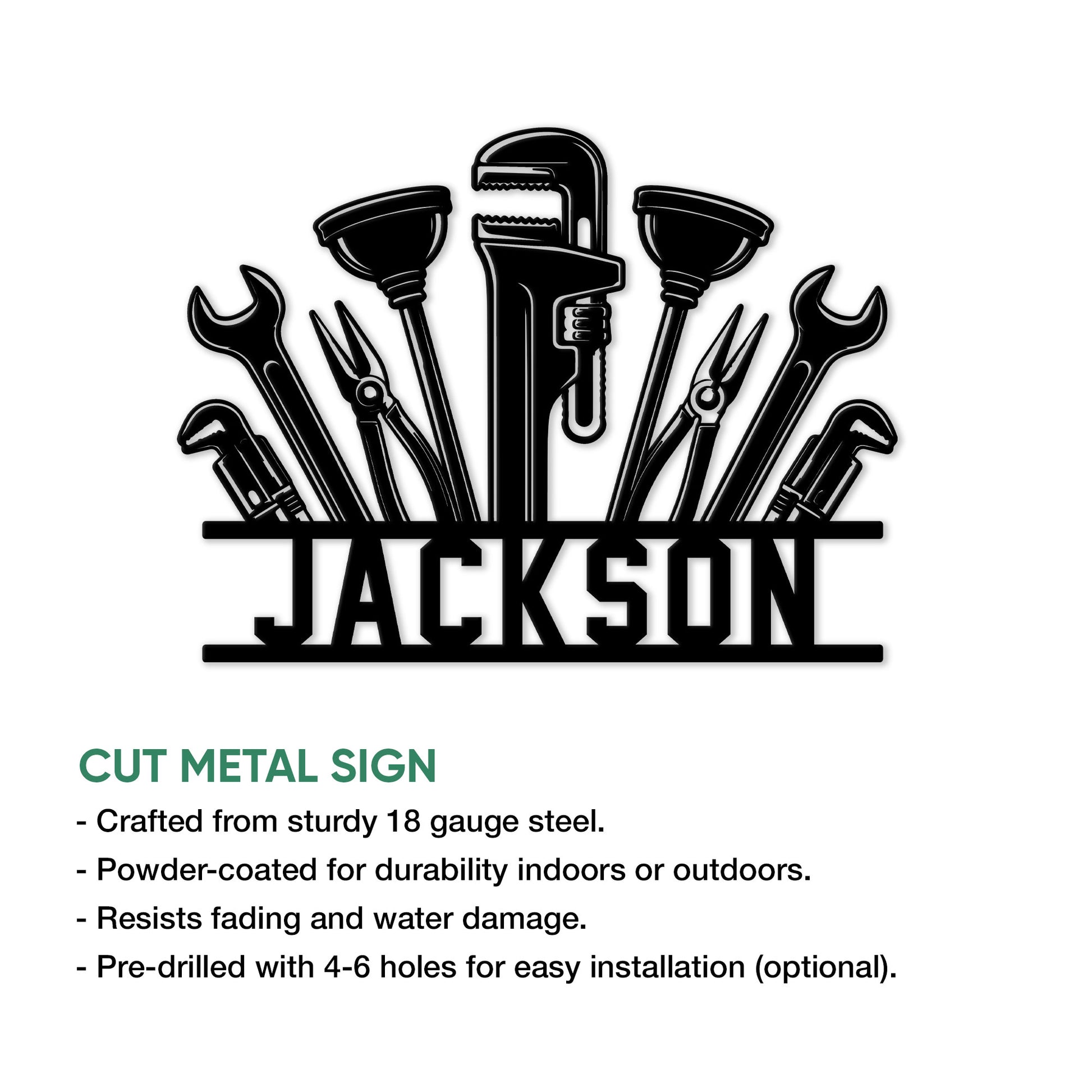 Plumber metal sign feature graphic showing a detailed arrangement of plumbing tools and a bold lower name design