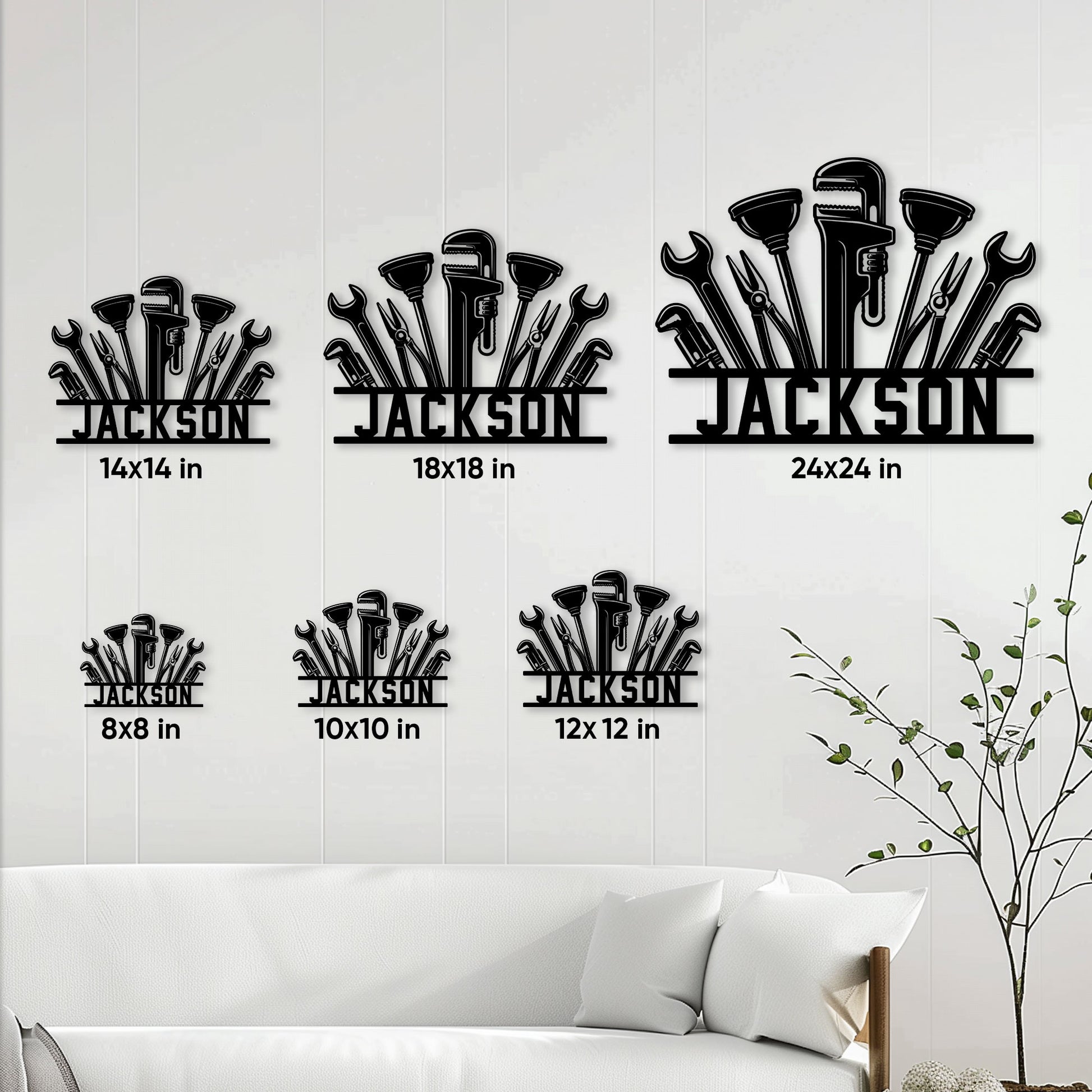 Plumber metal sign size guide displaying six available square sizes from 8 by 8 to 24 by 24 inches