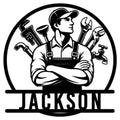Custom plumber metal sign featuring a professional plumber portrait surrounded by plumbing tools