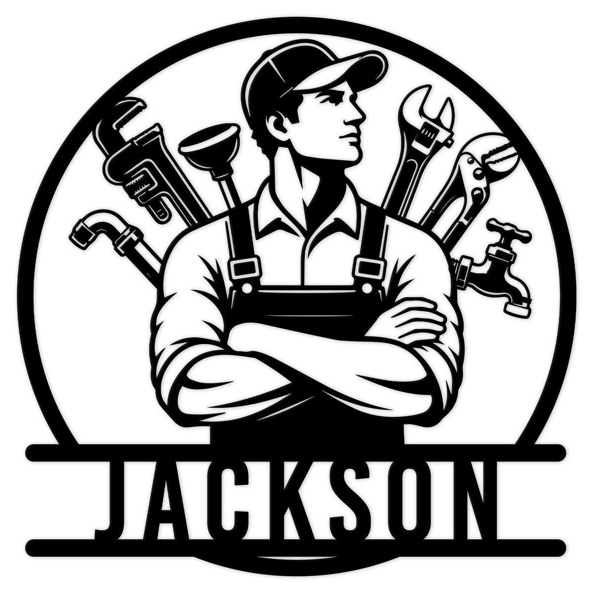 Custom plumber metal sign featuring a professional plumber portrait surrounded by plumbing tools