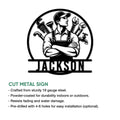 Plumber metal sign product graphic showing the tool-themed design and cut metal sign features