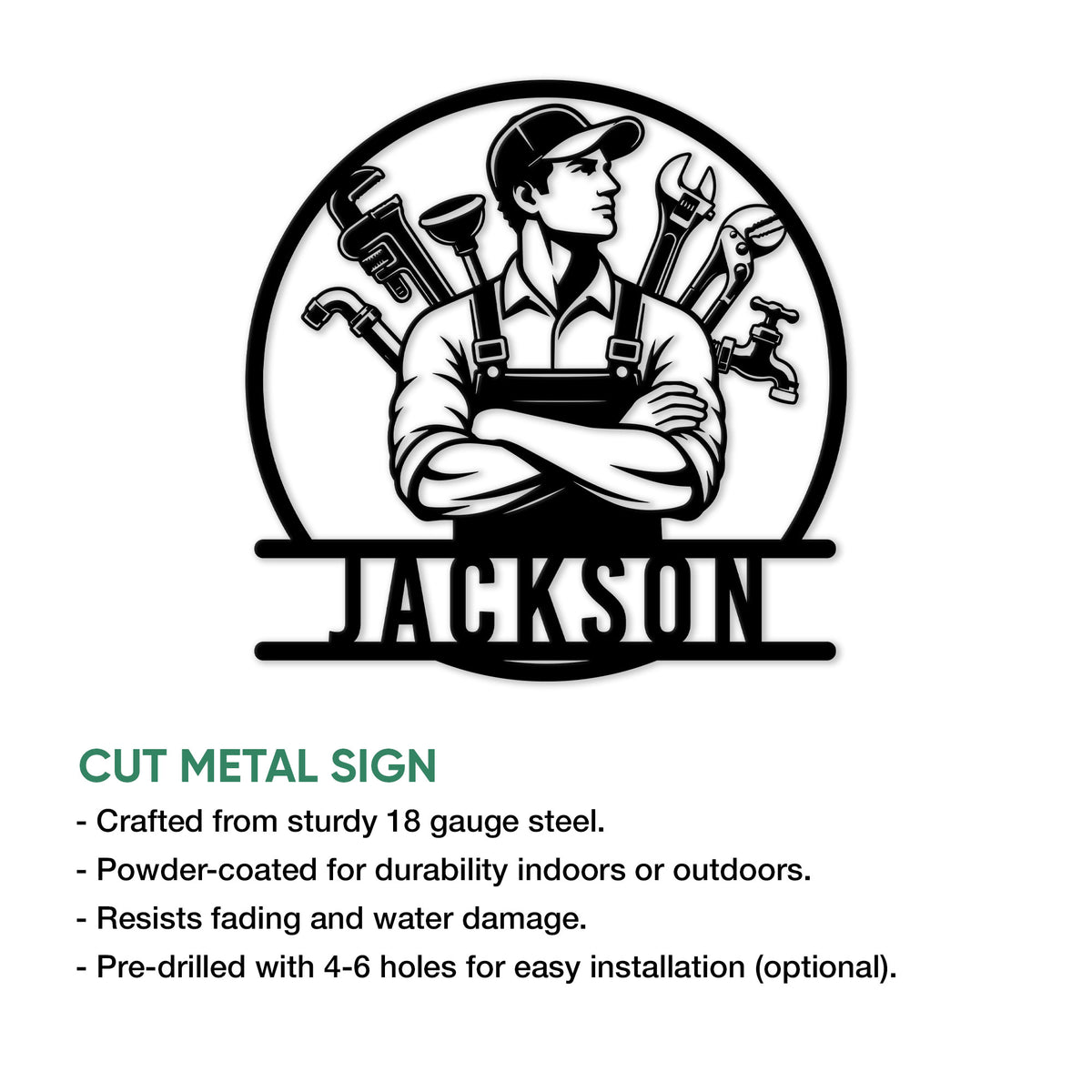 Plumber metal sign product graphic showing the tool-themed design and cut metal sign features