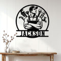 Plumber metal sign displayed as wall decor above a console table in a bright home interior