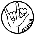ASL sign language metal sign featuring an I love you hand gesture with a heart detail