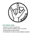 Feature graphic showing a circular cut metal ASL sign with a hand gesture design