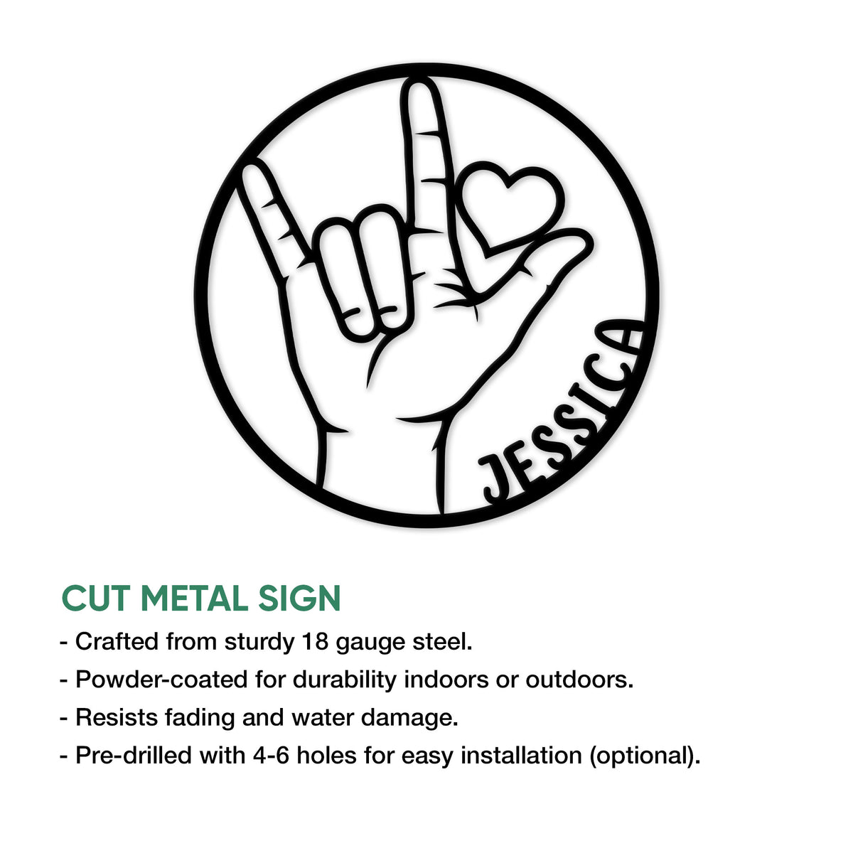 Feature graphic showing a circular cut metal ASL sign with a hand gesture design