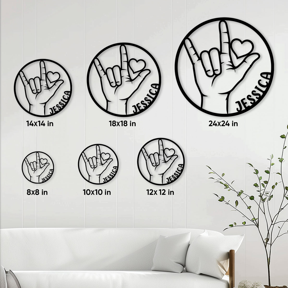 ASL metal sign size guide showing available round sizes from 8 by 8 to 24 by 24 inches