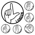 ASL metal sign featuring an outlined hand gesture with smaller American Sign Language hand illustrations