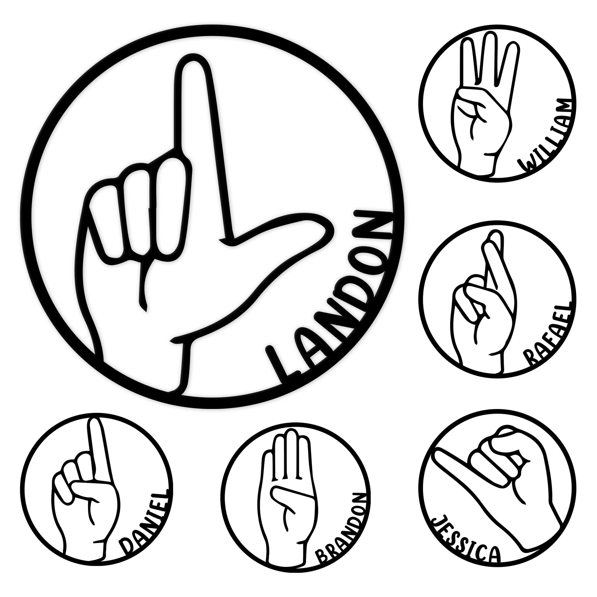 ASL metal sign featuring an outlined hand gesture with smaller American Sign Language hand illustrations