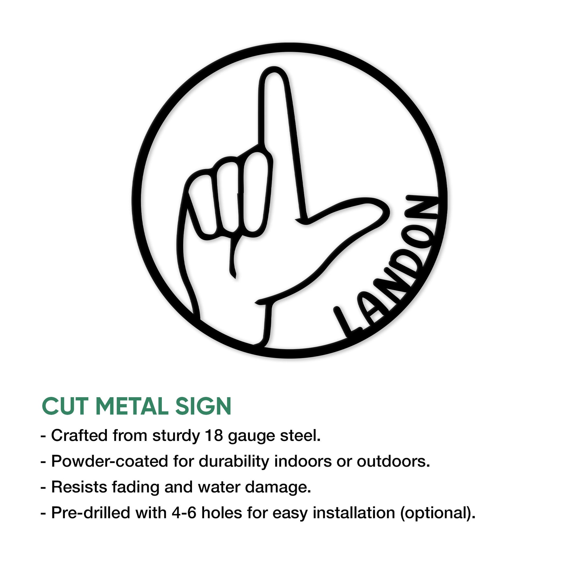 Cut metal ASL sign displaying a bold American Sign Language hand gesture in a circular design