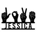 Sign language metal sign featuring four bold hand gesture silhouettes in a modern cutout design