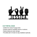 Cut metal sign with sign language hand gestures shown in a bold black silhouette style