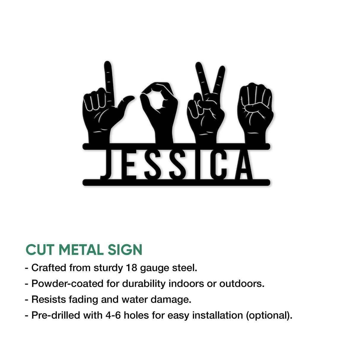 Cut metal sign with sign language hand gestures shown in a bold black silhouette style