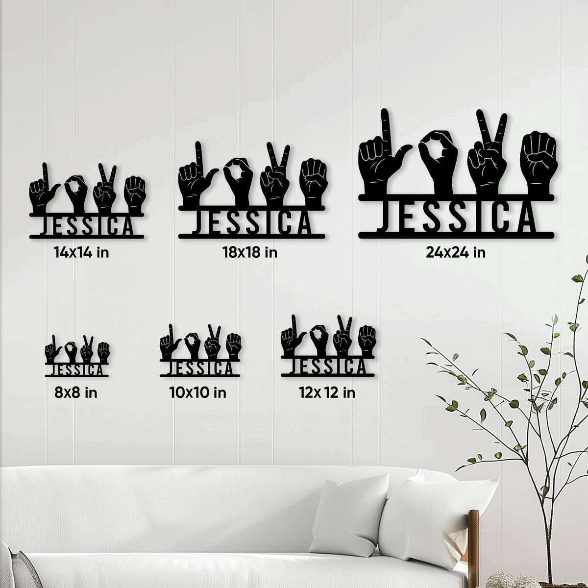 Sign language metal sign size guide showing available square dimensions from 8 by 8 to 24 by 24 inches