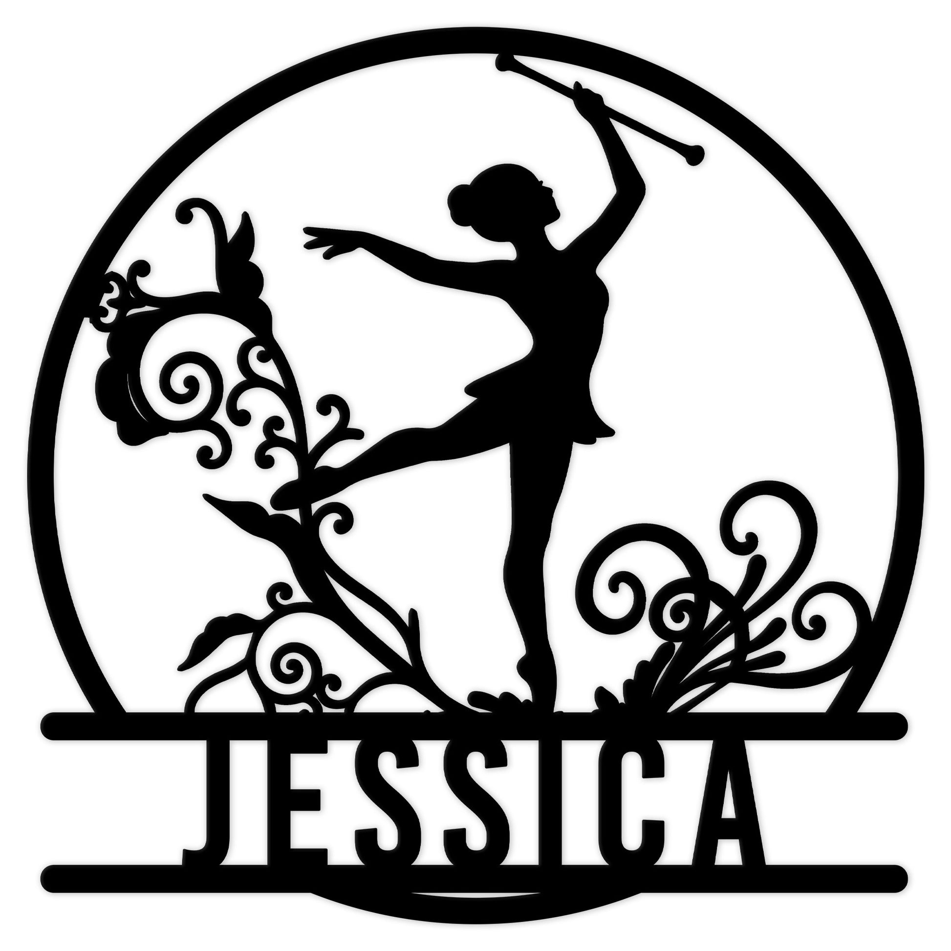 Custom baton twirling metal sign with a girl silhouette performing with a baton and ornate flourishes