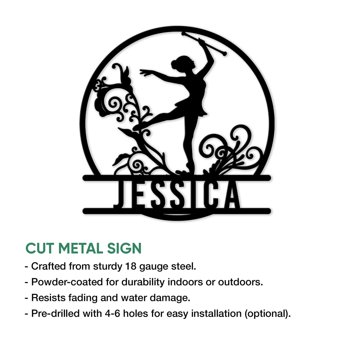 Baton twirling metal sign featuring an elegant performer silhouette framed by decorative swirls